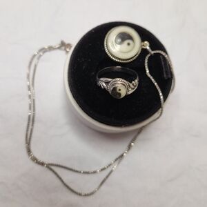 Antique Yin & Yang Silver Gold Pendant Ring Set